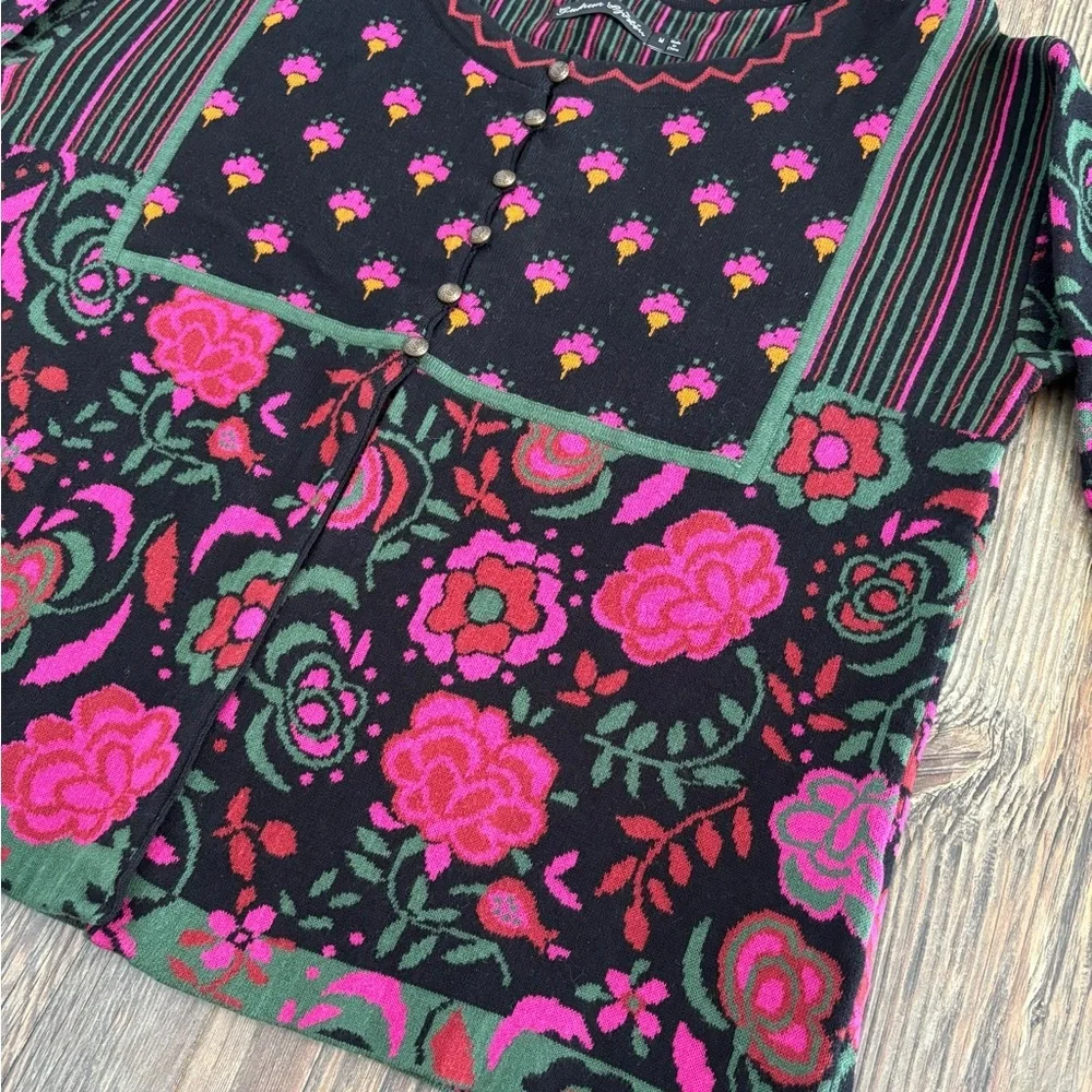 Gudrun Sjödén Knit Cardigan Sweater Medium Black Pink Floral Bold 50% Org Cotton - Picture 9 of 12